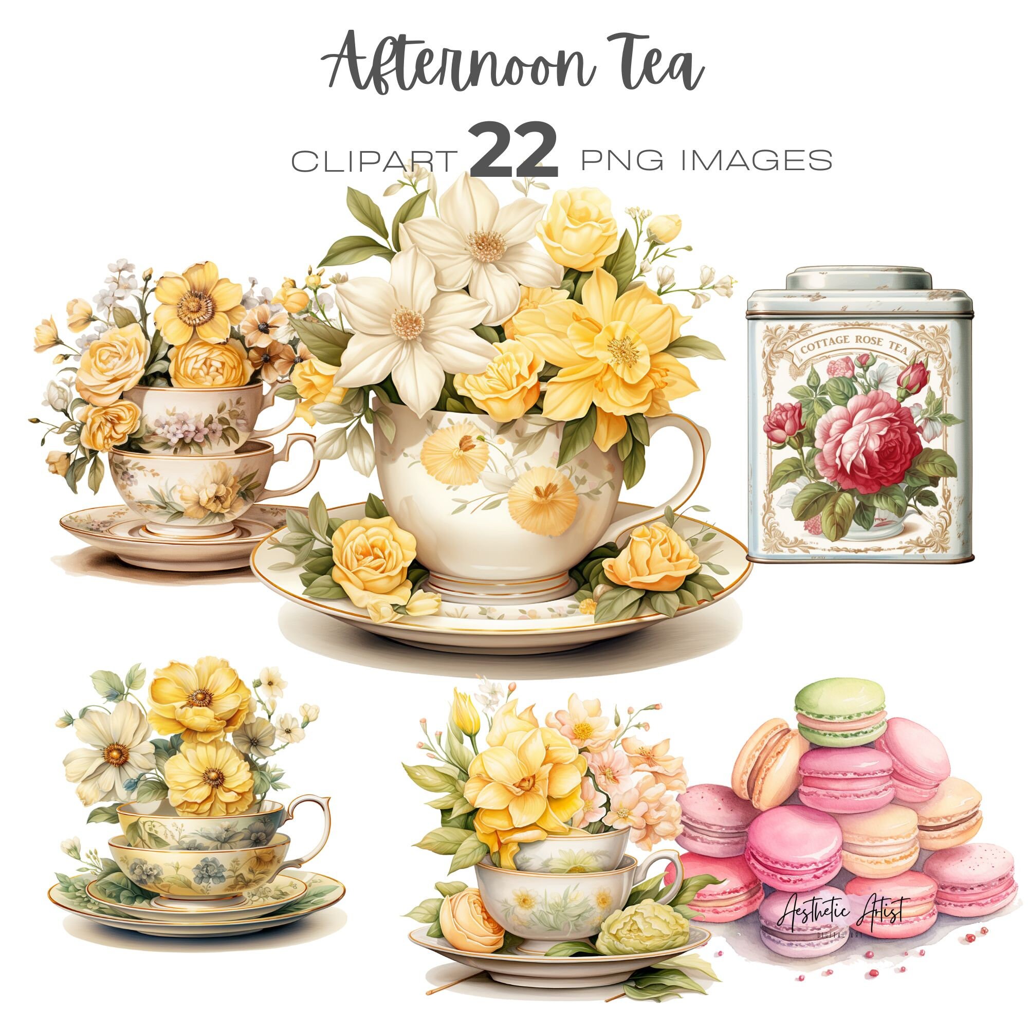 Watercolour Floral Afternoon Tea Clipart Bundle, Cottagecore Tea Party ...