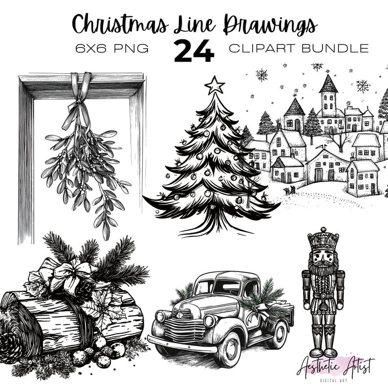 Christmas Line Drawings Clipart, Xmas Png, Holiday Black and White ...