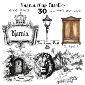 May include: A digital clipart bundle featuring illustrations inspired by the Chronicles of Narnia. Includes a sign that says "Narnia", a lamp post, a wardrobe, a door, a lion, and a castle. The text "Narnia Map Creator" is at the top.