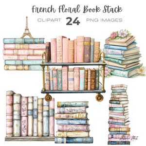 May include: A set of 24 digital clipart images featuring stacks of vintage books with floral accents. The books are in shades of pink, blue, and brown, and some have gold accents. The clipart is perfect for adding a touch of vintage charm to your digital projects.