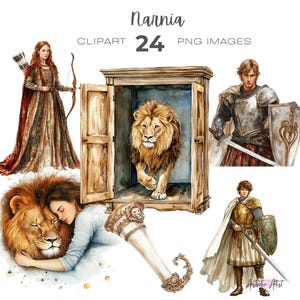 K&ouml;nnte beinhalten: Eine Aquarell-Illustration von Charakteren und Szenen aus dem Buch "Narnia" mit dem Titel "Narnia 24 PNG Images" und dem Wort "Clipart" in der oberen linken Ecke. Die Illustration zeigt einen L&ouml;wen, einen Kleiderschrank, eine Frau mit Pfeil und Bogen, einen Mann in R&uuml;stung und einen Mann in einer wei&szlig;en Tunika mit einem Schwert.