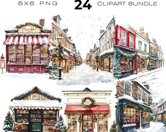 Watercolour Regency Era Christmas Village clipart bundle, Winter, Jane Austen Inspired clipart, British Manor House clipart