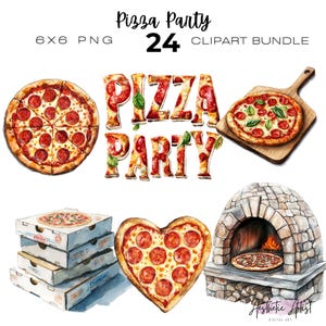 Clipart acquerello per pizza party, grafica per consegna pizza, download istantaneo di fette di pizza in formato PNG, forno per pizza, giornata della pizza