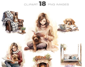 May include: A digital art illustration set of 18 PNG images featuring cozy scenes with people reading books and dogs. The illustrations are in a watercolor style and feature a variety of scenes, including a woman reading a book with a dog on her lap, a fireplace with a dog sleeping in front of it, and a woman reading a book in a chair with a dog beside her.