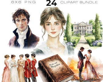 Può includere: Un pacchetto di clipart digitali con illustrazioni ad acquerello ispirate a "Orgoglio e Pregiudizio". La collezione include ritratti, una casa signorile e scene del romanzo. Il titolo "Pride & Prejudice" è ben visibile.