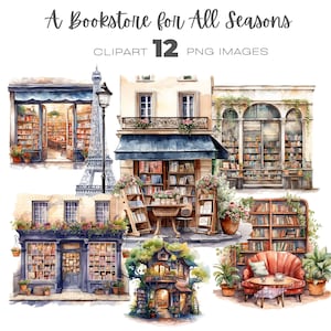 Watercolour Bookstore Watercolor Clipart, Book shop Building, Cute Shop Bundle, Library, Autumn Bookshop, Spring, Summer, Winter