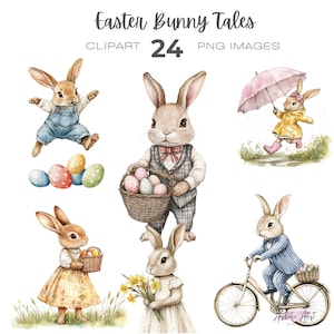 Puede incluir: Un conjunto de 24 imágenes digitales de clipart que representan conejos de Pascua en varias poses. Los conejos están representados en estilo acuarela e incluyen un conejo sosteniendo una cesta de huevos de Pascua, un conejo montando en bicicleta, un conejo sosteniendo un paraguas y un conejo saltando en el aire. Las imágenes son perfectas para crear manualidades, tarjetas e invitaciones con temática de Pascua.