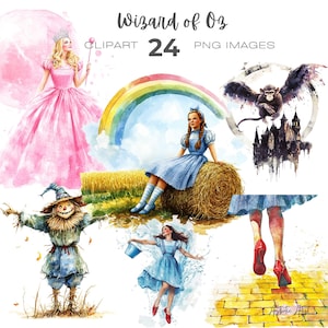 May include: A set of 24 digital illustrations featuring characters from the Wizard of Oz. The illustrations are in a watercolor style and include Dorothy, the Scarecrow, the Tin Man, the Cowardly Lion, the Wicked Witch of the West, and the Wizard. The illustrations are perfect for use in crafts, scrapbooking, and other creative projects.
