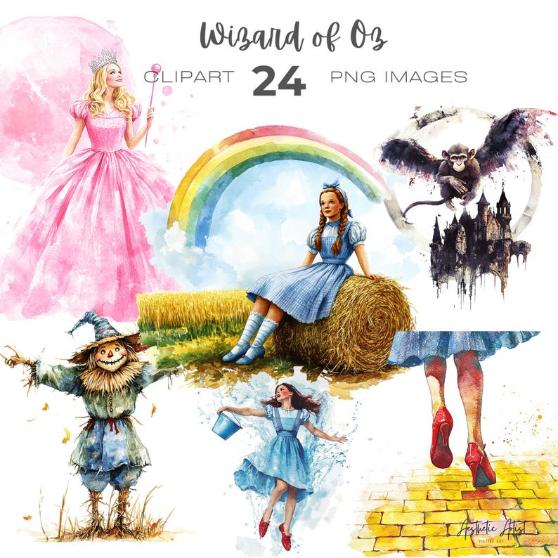 May include: A set of 24 digital illustrations featuring characters from the Wizard of Oz. The illustrations are in a watercolor style and include Dorothy, the Scarecrow, the Tin Man, the Cowardly Lion, the Wicked Witch of the West, and the Wizard. The illustrations are perfect for use in crafts, scrapbooking, and other creative projects.