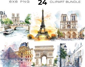 Watercolour Paris France clipart bundle, Louvre, France Inspired clipart, Eiffel Tower clipart
