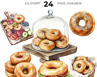 May include: A watercolor illustration of 24 different images of everything bagels. The images include a variety of bagels, including a bagel sandwich, a plate of bagels with cream cheese, and a plate of bagels with toppings. The text "Everything Bagels" is written in a decorative font at the top of the image.