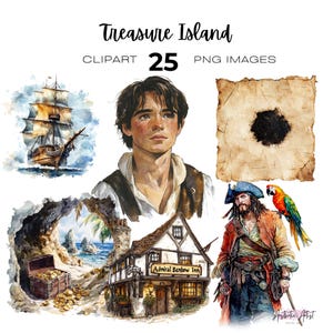 Clipart de A Ilha do Tesouro em Aquarela, História Clássica da Infância, Long John Silver, Jim Hawkins, Clipart de Livro