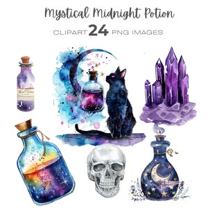 Puede incluir: Un conjunto de 24 imágenes digitales de clipart con ilustraciones de acuarela de botellas de pociones místicas, un gato negro, una calavera, cristales y una luna creciente. Las imágenes son perfectas para crear diseños mágicos y caprichosos.
