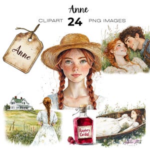 Op de afbeelding: Een digitale illustratie van een jonge vrouw met rood haar die een strohoed en een witte jurk draagt. De illustratie maakt deel uit van een set van 24 digitale afbeeldingen genaamd "Anne".