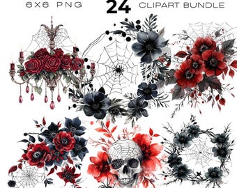 Floral Cobwebs Clipart, Day of the Dead png, Flowers and Spiders clip art, Spiderweb clipart, Watercolor style, Halloween