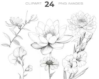 Line Drawing Birth Month Flowers clipart bundle, Birthday, Personalized Flower clipart, Birth Month clipart