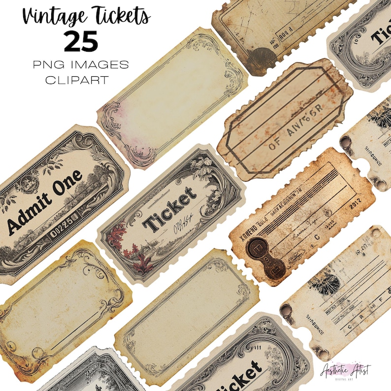 Retro Style Ticket Watercolor Vintage Tickets, Raffle Ticket and Tags, Art Deco, Admit One ...