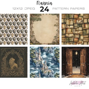 May include: A collection of 24 Narnia-themed pattern papers in 12x12 JPEG format. The designs include shields, a forest scene, stacks of books, a lion illustration, a castle on a river, and a snowy doorway.