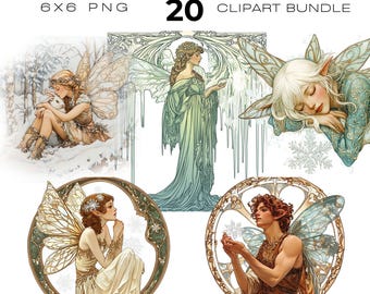 Watercolour Art Nouveau Winter Fairies clipart bundle, Fantasy Characters, Snowflake Snow fairy clipart