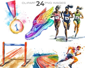 Imágenes prediseñadas de pista y campo de acuarela, gráficos para corredores, descarga instantánea de sprinter PNG, imágenes prediseñadas de deportes