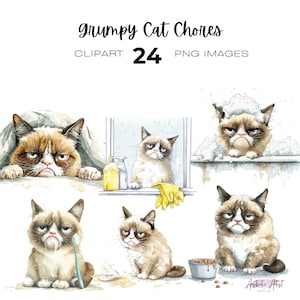 May include: A set of 24 digital illustrations featuring a grumpy cat doing various chores, including taking a bath, brushing its teeth, and cleaning the window. The illustrations are in a watercolour style and feature a light blue, yellow, and white colour palette.