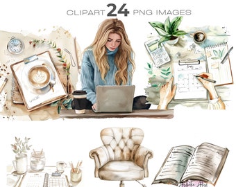 Watercolour Planner Girl Clipart, Graphics for Planners, Neutral Planner Png Instant Download, Cozy Planner