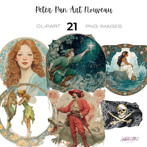 May include: A collection of Art Nouveau-style digital images featuring characters and scenes from Peter Pan. The images include illustrations of Peter Pan, a fairy, a pirate, and other characters, with the text "Peter Pan Art Nouveau", "Clipart 21 PNG Images".