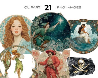 Peter Pan Art Nouveau Clipart, Neverland Fairy Tale, Tinkerbell clipart, Captain Hook