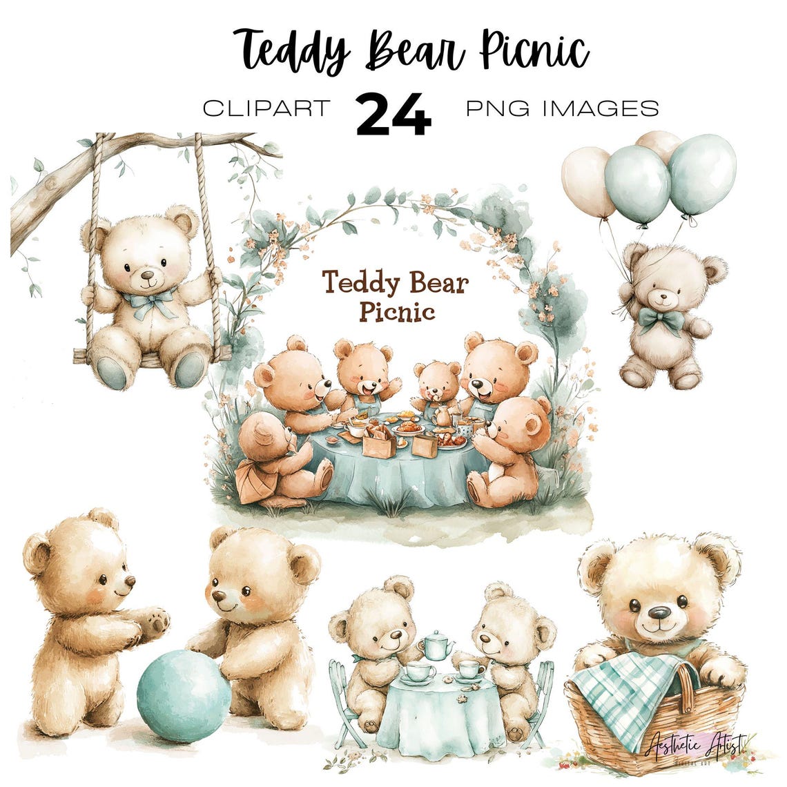 Watercolour Teddy Bear Picnic Clipart, First Birthday, Baby Shower ...