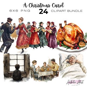 May include: A Christmas Carol clipart bundle featuring 24 PNG images. The illustrations depict scenes from the classic novel, including characters in period clothing, a roasted turkey, and other holiday elements. The text "A Christmas Carol" is at the top.