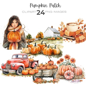Può includere: Un'illustrazione ad acquerello di un campo di zucche con un camioncino rosso, zucche, una fattoria, una donna che tiene una zucca e una tazza di caffè con un libro e una sciarpa. Il testo "Pumpkin Patch CLIPART 24 PNG IMAGES" è in alto nell'immagine.