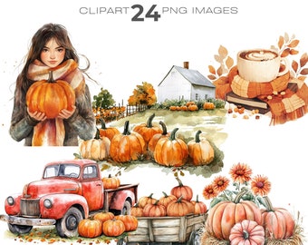 Paquete de imágenes prediseñadas de calabazas en acuarela, otoño, calabaza de otoño, temporada de calabazas
