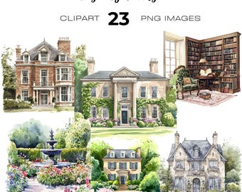 Pacchetto clipart di acquerelli di villaggi dell'era Regency, biblioteca, clipart ispirata a Jane Austen, clipart di case signorili britanniche