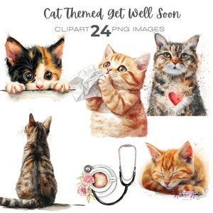 Clipart di pronta guarigione a tema gatto acquerello, grafica per regalo per amanti dei gatti, download immediato di PNG di gattino triste, dottore per gatti