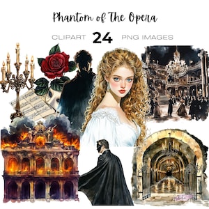 May include: A set of 24 PNG images themed around "Phantom of the Opera." The illustrations include a woman, a masked figure, a burning building, a rose, a chandelier, and musical notes. The title "Phantom of the Opera" is displayed at the top of the image.