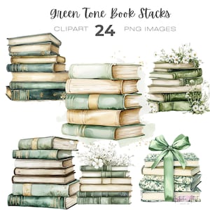 Puede incluir: Un conjunto de 24 imágenes de clipart digitales que presentan pilas de libros pintados con acuarela en tonos verdes. Las pilas de libros están dispuestas en varias configuraciones y presentan diferentes tonos de verde y marrón.
