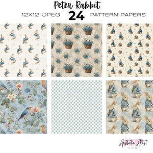 May include: A collection of 24 Peter Rabbit pattern papers. The patterns include illustrations of Peter Rabbit, floral baskets, birds, and a blue and white gingham check. The text "Peter Rabbit" and "Aesthetic Artist" are visible.