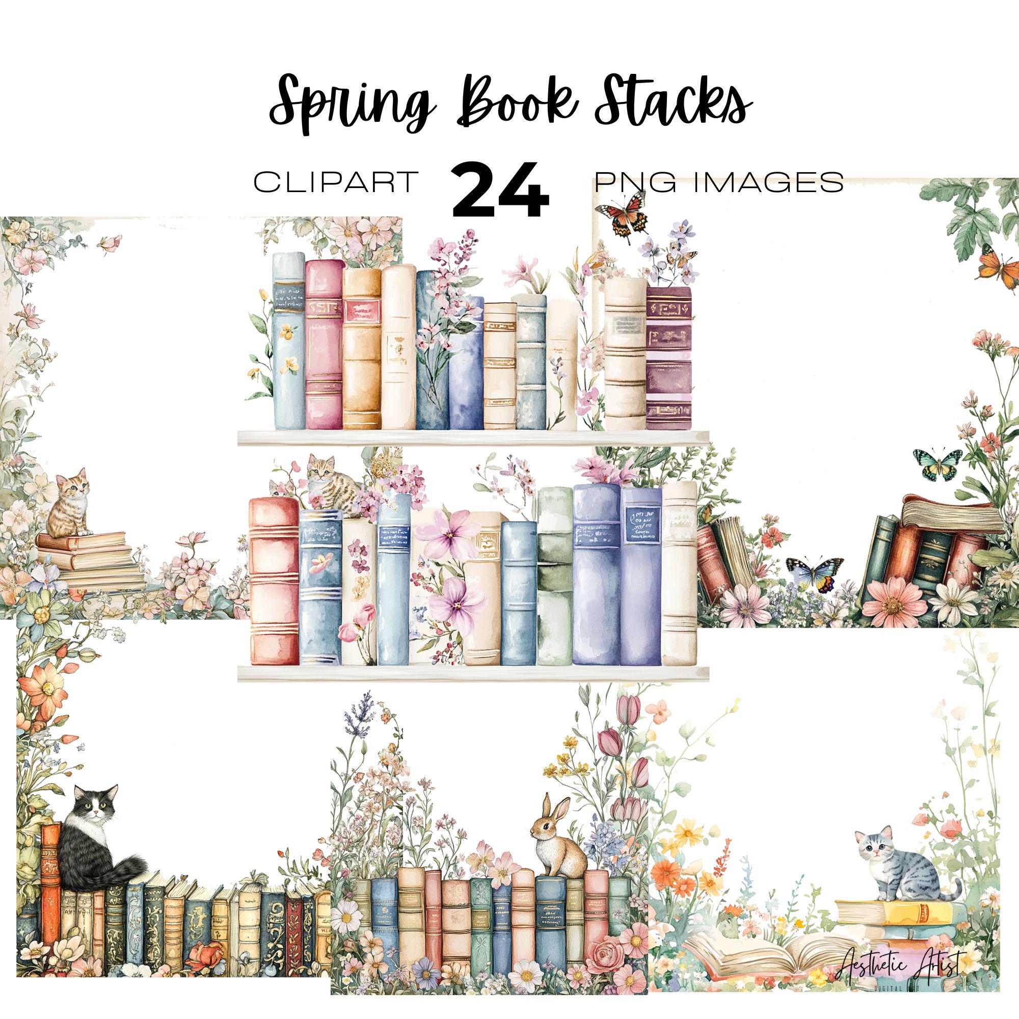 Spring Book Stack Watercolour Spring Stack of Books Clipart Bundle, Library, Book Stack ...