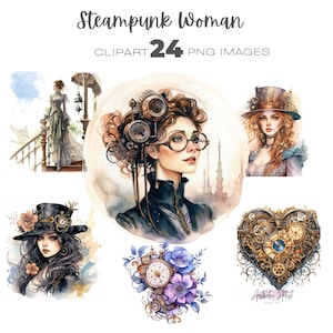Steampunk Woman Clipart, Steampunk Girls Ephemera, Fantasy Steampunk png bundle, Victorian PNG, Steampunk Junk Journal, watercolor
