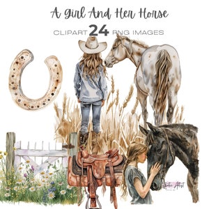 Aquarel een meisje en haar paard clipart, graphics voor paardenliefhebbers cadeau, paardenstal Png Instant Download, paardrijden, western, land