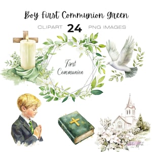 Clipart verde della Prima Comunione di un bambino, acquerello, religioso, PNG verde della Prima Comunione, download istantaneo, Prima Comunione, bambino che prega, croce