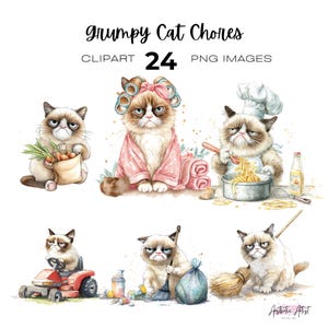 May include: A set of 24 digital clipart images featuring a grumpy cat in various situations, including doing chores like cooking, cleaning, and mowing the lawn. The images are in a watercolour style and feature a light pink, yellow, and green colour palette.