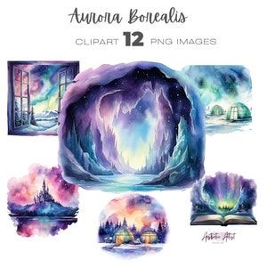Aurora Borealis Clipart, Northern Lights Scenes, Aurora Borealis Landscape Clip Art, Fantasy Art, Northern Lights Bundle, Winter