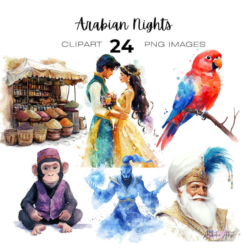 Pode incluir: Um conjunto de 24 imagens digitais de clipart com ilustra&ccedil;&otilde;es de aquarela de personagens e objetos com tema de As Mil e Uma Noites. As imagens incluem um g&ecirc;nio, um macaco, um sult&atilde;o, um papagaio, um casal e um mercado de especiarias.