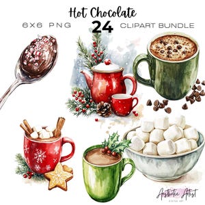 Paquete de imágenes prediseñadas de chocolate caliente en acuarela, tazas navideñas, imágenes prediseñadas de invierno, imágenes prediseñadas de vacaciones, chocolate caliente
