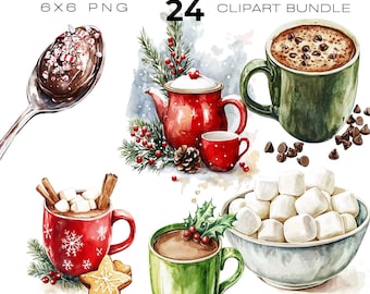 Watercolour Hot Chocolate clipart bundle, Christmas Mugs, Winter clipart, Holiday clipart, Hot Cocoa