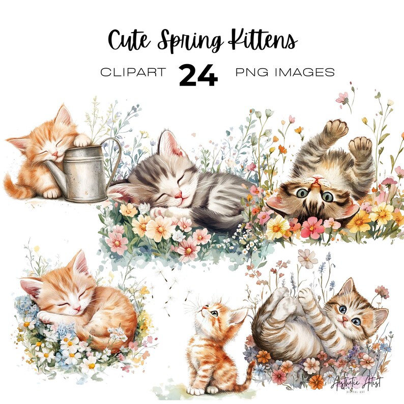 Spring Kitten Color Watercolour Cute Spring Kittens Clipart, Graphics for Kitten Lovers ...