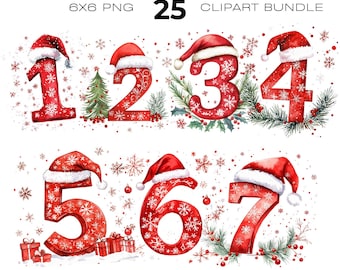 May include: A watercolor clipart bundle featuring red numbers 1 through 7, each adorned with a Santa hat and snowflake details. The numbers are part of an advent calendar design, with additional festive elements like a Christmas tree and gifts.