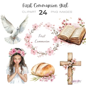 Aquarell Mädchen erste Kommunion Clipart, religiöse, rosa Blumen Png Sofortiger Download, erste Kommunion, Mädchen beten, Kreuz
