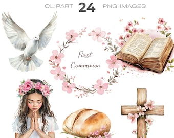 Clipart de primera comunión de niña en acuarela, religioso, descarga instantánea de flores rosas PNG, primera comunión, niña rezando, cruz